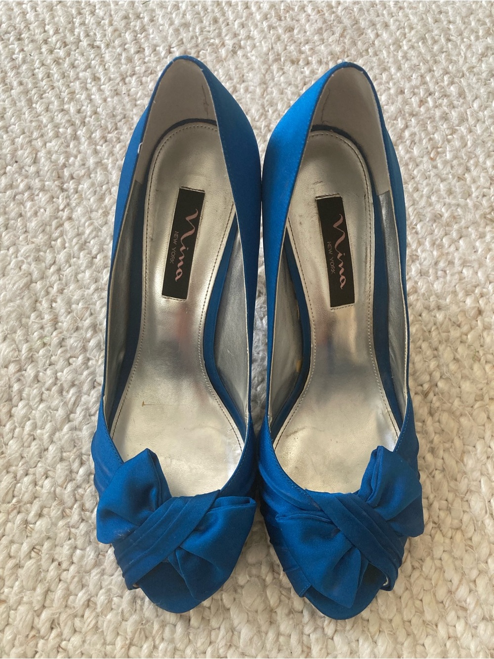 Something blue! Nina Blue Satin Peep-Toe Bow Pumps